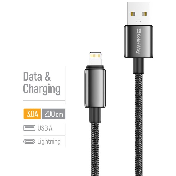 Фото - Кабель Colorway USB - Apple Lightning (zinc alloy braided) 3А 2м Black (CW-CBUL099-BK)